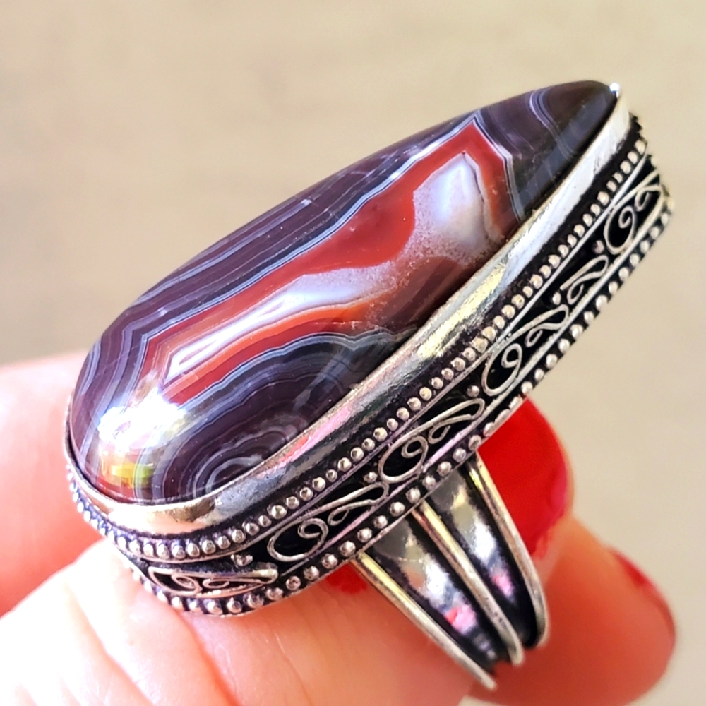 New Crazy Lace Agate 925 Silver Statement Ring.